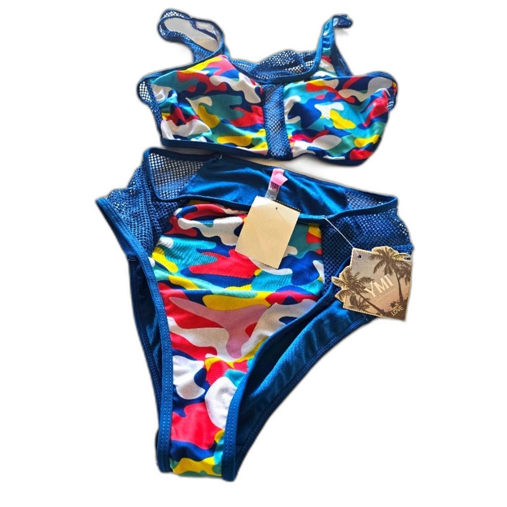 NWT YMI Colorful Camo High Waisted Bikini Set Mesh Accent M